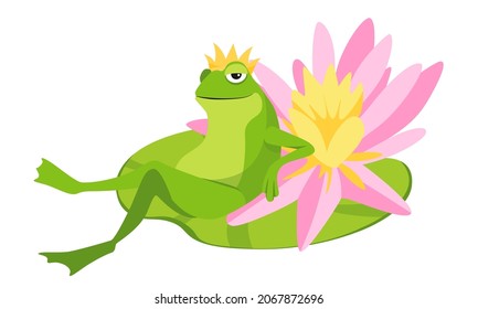 Funny Frog in Gold Crown Relax in Confident Pose with Crossed Legs on Water Lily Leaf with Beautiful Flower. Queen Toad Fairy Tale Cartoon Character, Book or Game Personage. Vector Illustration