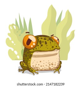Funny frog in the grass, vector illustration. Calm cartoon froglet sitting against the grass and leafage. Children's book character. Kind toad illustration. Cute little frog