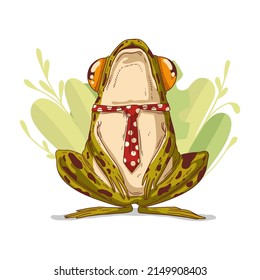 A funny frog in the grass, vector illustration. Calm cartoon froglet, wearing a polka dot tie, sitting against the grass and leafage. Kind toad illustration. Cute little frog