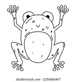 Funny frog in hand drawn doodle style. Cute animal. Coloring page activity. Isolated on white background.