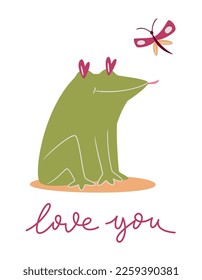 Funny frog with hearts-shaped eyes and butterfly. Love you lettering quote. Humor Card of a Valentine's day, t-shirt composition, hand drawn style print.