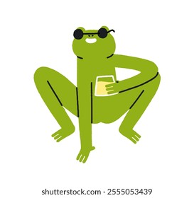 Funny frog holding lemonade glass. Cute happy smiling animal character in sunglasses drinking alcohol beverage, enjoying in humor pose. Comic flat vector illustration isolated on white background