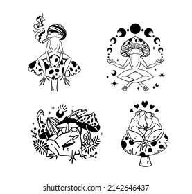 Funny Frog Isolated Clip Arts Bundle, Hiipie Smoking Frog, Yoga Mystical Frog And Moon Phases, Insane Toad And Mushrooms, Couple Of Frogs In Love, Hand Drawn Vector