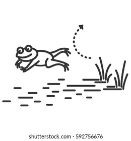 Funny frog jumping in the water. Cartoon character. Concept illustration for design. Simple vector sign, icon. 