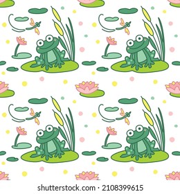 Funny frog lake and water lily pond pattern for kid products vector