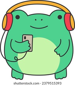 Funny frog listening to music with headphones. Vector illustration in cartoon style.