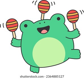 Funny frog with maracas. Vector illustration in cartoon style.