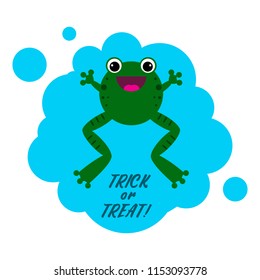 Funny frog on a blue background with the inscription Treat or revenge. Halloween sticker. Vector