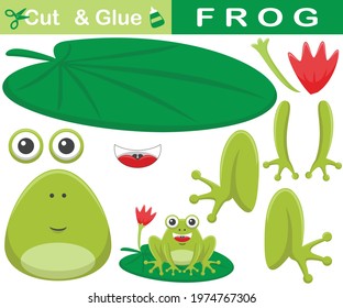 Funny frog on lotus leaf. Education paper game for children. Cutout and gluing. Vector cartoon illustration