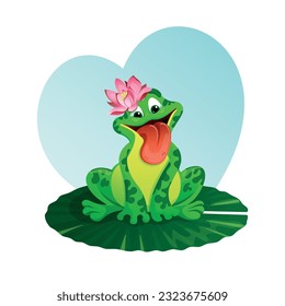 Funny frog on a water lily leaf with a flower on top - vector illustration, cartoon style character