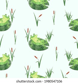 Funny frog pattern. Seamless vector marsh background with toad on lily pad.