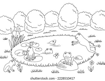 Gracioso estanque de rana gráfico de dibujo de paisaje blanco negro gráfico vector