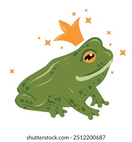 Engraçada princesa sapo para adesivo. Sapo com coroa e estrelas. Sapo bonito verde vetor. Para cartão, t-shirt, aplique