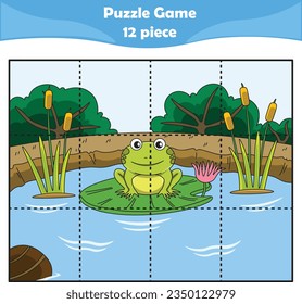 Funny frog. Puzzle games for kids. 12 piece. Child education. Vector illustration