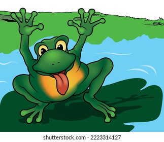 Funny Frog with Raised Paws and Sticking out Tongue - Colored Cartoon Illustration with Background, Vector