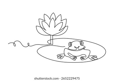 Rã engraçada descansando em almofada de lírio ao lado de flor de lótus florescente, desenhada em linha contínua no minimalismo, abstrato, cartão de saudação, convite para férias, contorno vetorial editável.