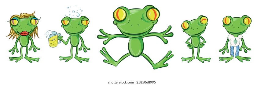 Funny Frog  set in different poses. Collection isolated  in cartoon style. vector illustration