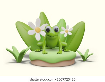 Rã engraçada fica no gramado verde com folhas, flores, grama. Caractere vetorial alegre em 3D