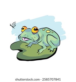 funny frog sits on a water lily. charming vector illustration for design.🐸