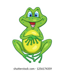 Funny frog sitting cross-legged and arms. In cartoon style, isolated on white background. Vector illustration.