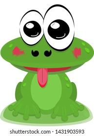 Funny frog sitting on grass, cute character, illustration for kids, vector