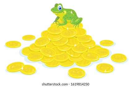 Funny frog is sitting on a mountain of gold coins. In cartoon style. Isolated on white background. Vector illustration.