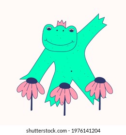 funny frog sticker.Hippie psychedelic frog and flower of the 60s and 70s.Groove funny animal.Templates for a plotter and tattoo.Isolated patches for cards, cases.Amphibian reptile