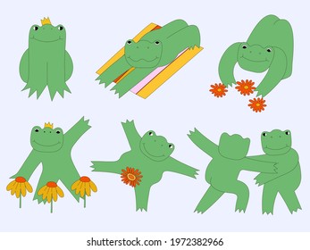 funny frog stickers.Hippie psychedelic frogs and flower of the 60s and 70s.Groove animal in different position.Templates for a plotter and tattoo.Isolated patches for cards, cases.summer beach time