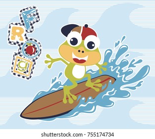 Funny frog in surfing, vector cartoon illustration