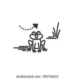 Funny frog surprised by seeing big fly. Cartoon character. Concept illustration for design. Simple vector sign, icon. 
