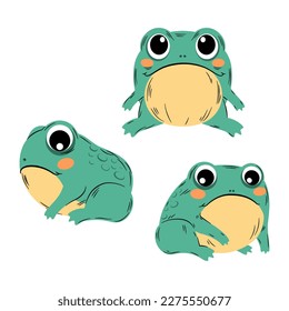 Funny frog in three versions. Green toad. Colorful cartoon animal. Vector illustration.