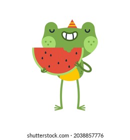 Funny frog with watermelon slice celebrating birthday vector cartoon character isolated on a white background.