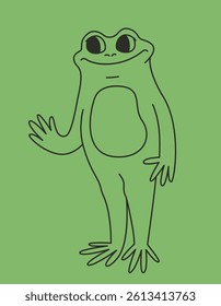 Funny frog waves its paw. Anthropomorphic animal in doodle style.