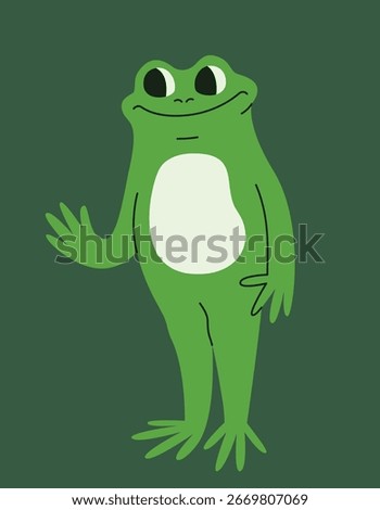 Funny frog waves its paw. Anthropomorphic animal in linear flat style.