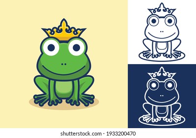 Funny frog wearing gold crown is sitting. Vector icon illustration