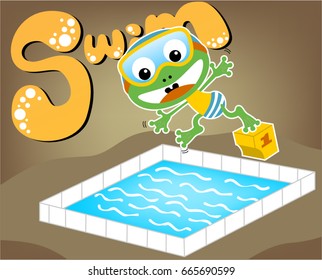 Funny frog wearing swimming goggles in swimming pool, vector cartoon illustration