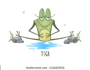 Funny Frog Yoga, sitting between stones. Spa, relaxation. Vector illustration