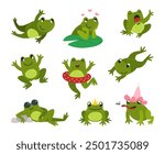 Funny frogs cartoon. Isolated frog different poses. Green cute toads, amphibian sitting eating singing go to swim. Positive classy vector characters