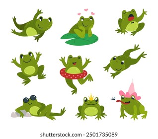 Funny frogs cartoon. Isolated frog different poses. Green cute toads, amphibian sitting eating singing go to swim. Positive classy vector characters