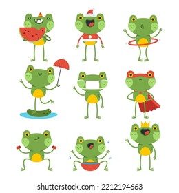 Funny frogs characters vector cartoon set isolated on a white background.