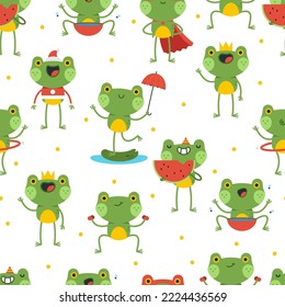 Drôle grenouilles personnages image vectorielle bande dessinée à la main sur fond harmonieux pour fond d'écran, emballage, emballage et arrière-plan.
