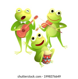 Funny frogs concert singing and playing musical instruments, happy toads or frogs playing drums violin and guitar isolated on white. Vector illustration for children in watercolor style.