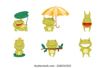 Funny frogs in different activities set. Cute amphibian character sitting under umbrella, jumping, hanging on tree branch vector illustration