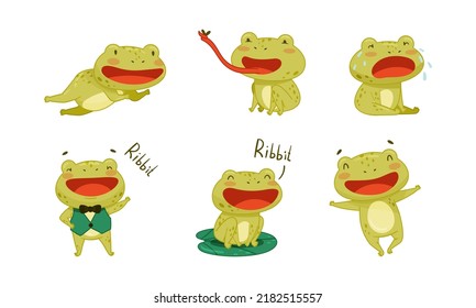 Ranas divertidas en diferentes actividades. Carácter anfibio lindo croar, saltar, atrapar ilustración vectorial de mosca