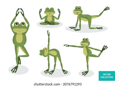 Ranas divertidas haciendo yoga. Ranas en diferentes poses. Ilustración vectorial. Colección de vectores, conjunto