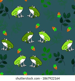 Funny frogs in love with strawberry in night garden. Vector seamless pattern. 