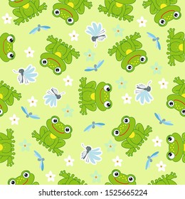Funny frogs and mosquitoes. Vector seamless pattern for fabric, wallpaper, wrapping paper, for kids.