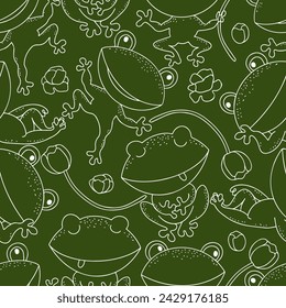 Funny frogs outline on dark green. Hand drawn cartoon style seamless pattern. For textile, wallpaper, packaging, DIY projects.