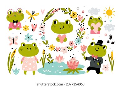 Funny frogs pond. Cartoon amphibian. Lotus flowers and reeds. Floral wreath. Dragonfly insects. Clouds and sun. Toads in clothes. Aquatic animals romantic couple. Vector