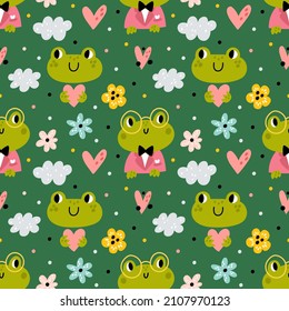 Funny frogs seamless pattern. Cute green animals, little cartoon amphibians with flowers, baby toad characters in glasses, childish background. Decor textile, wrapping